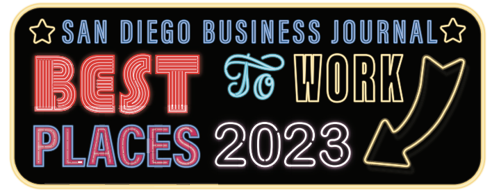 San Diego Business Journal Best Places to Work 2023 award badge with neon sign style lettering on a dark background.