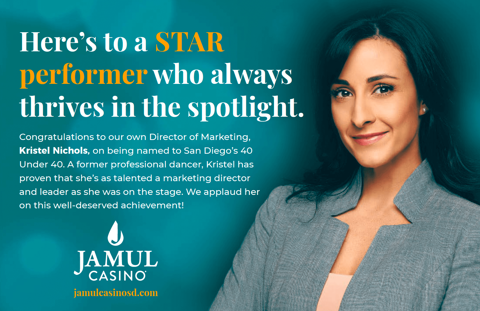 Kristel Nichols, Jamul Casino's Director of Marketing, celebrates being named to San Diego's 40 Under 40, exemplifying leadership and talent.
